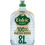 An 8-liter plastic water bottle by Volvic, featuring a clear body with a green cap and a beige and green label highlighting recycled plastic.
